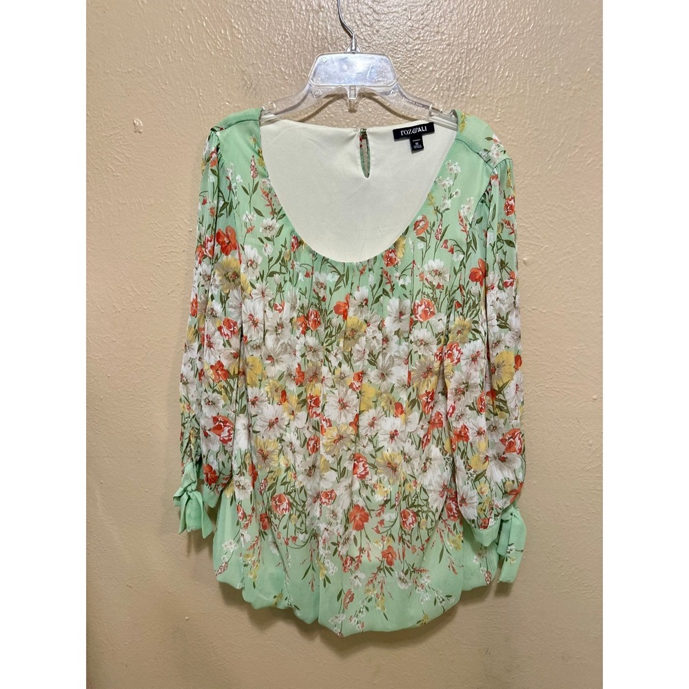 Roz & Ali Floral Chiffon Blouse Top Women's 1X Green Orange Tie Cuff Long Sleeve